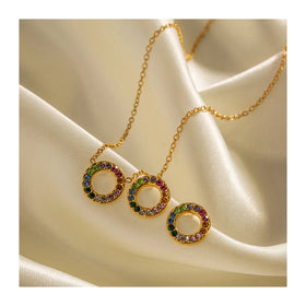 ERESI Waterproof 18K Gold Plated Stainless Steel Stud Earrings Jewelry Set Colorful Cubic Zirconia Round Pendant Necklace