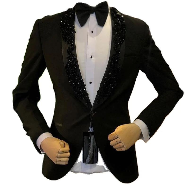 Fashion Black Beads Groom Tuxedos Mens Morning Suits Stage Cosplay Men Party Suits Wedding Best Man Blazer (Jacket+Pants)