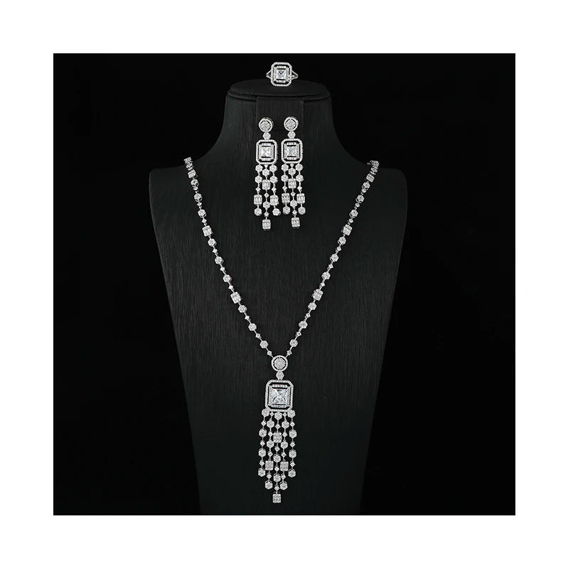 2023 Dubai Turkish Luxury Silver Rhodium Plated Jewelry Gemstone Cubic Zircon Jewelry Set for Women