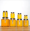 Honey Jar Hexagon Glass with Metal Wholesale 280ml 350ml 500ml Lug Lid for Honey Jam Food Eco-friendly Clear Hexagon Shaped