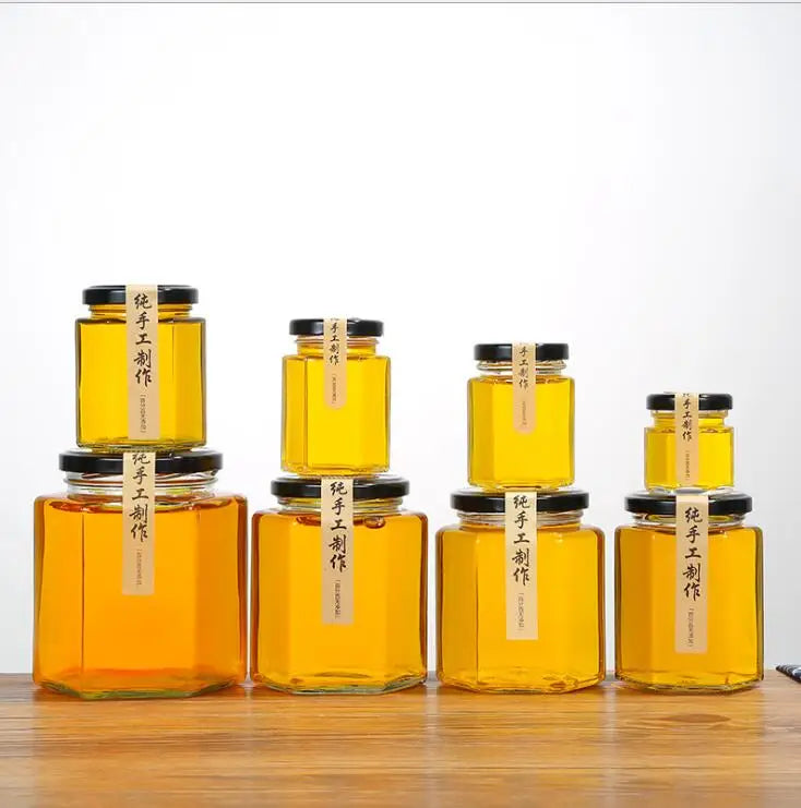 Honey Jar Hexagon Glass with Metal Wholesale 280ml 350ml 500ml Lug Lid for Honey Jam Food Eco-friendly Clear Hexagon Shaped