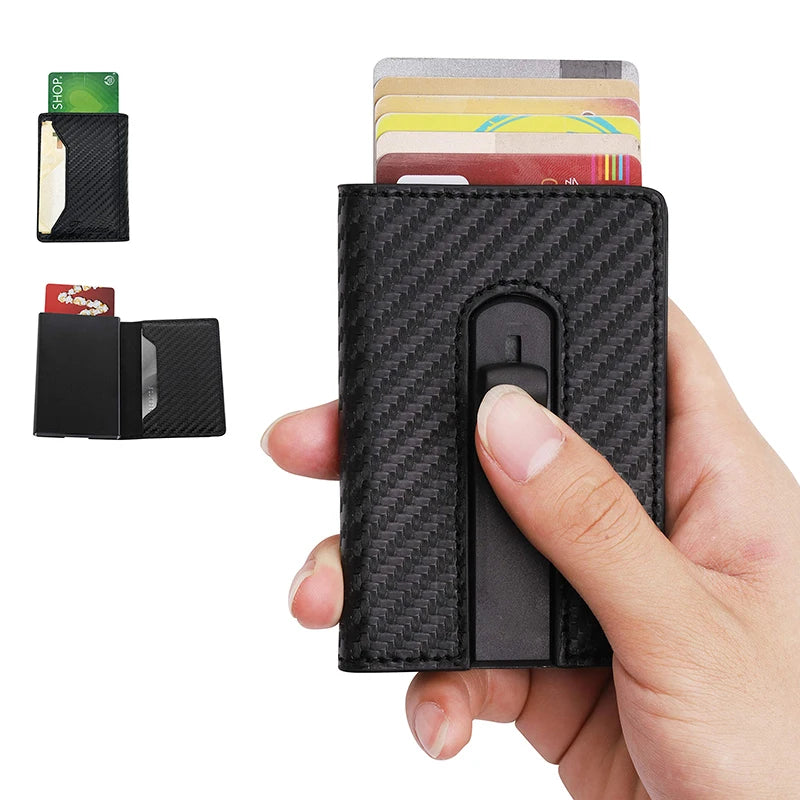 Lightweight Aluminum Credit Card Holder Carbon Fiber PU Leather RFID Pop-Up Card Holder