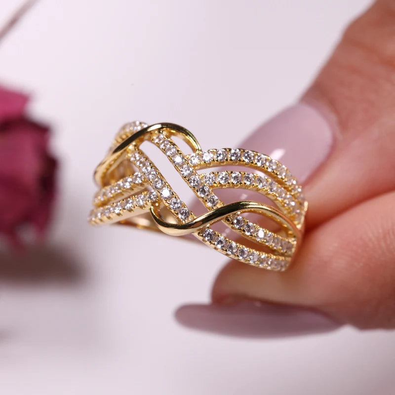 CAOSHI 18K Gold Color Gemstone Eternity Ring Twist Line Micro Pave Bands Eternity Cubic Zirconia CZ Diamond Rings Women