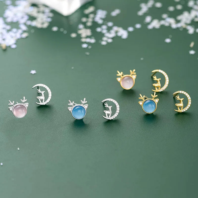 Fashion Earrings Jewelry 925 Sterling Silver Christmas Earring Elk Deer Moon Cats-eys Stone Gold Plated Stud Earrings for Women