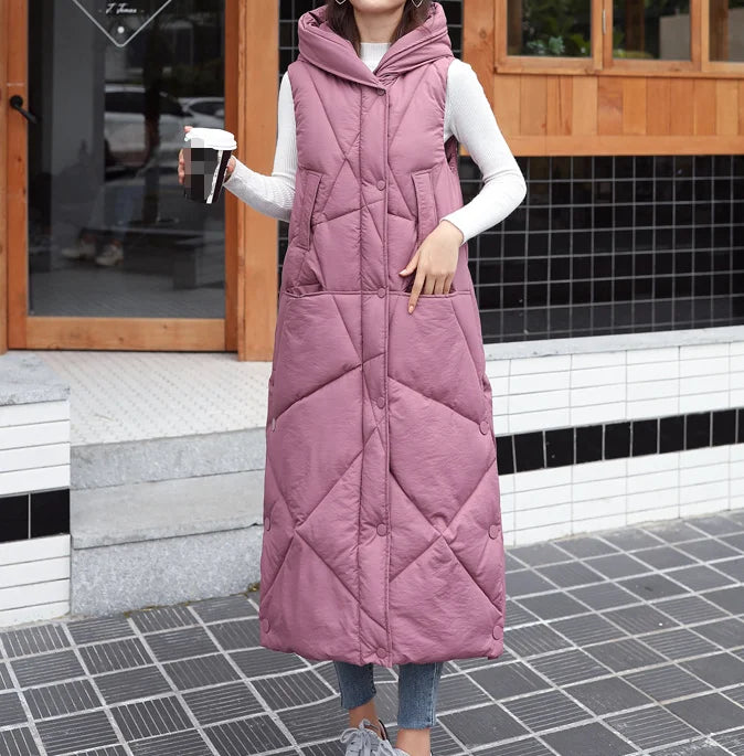 Fengway Custom Women's Thin Winter Puffer Jacket Sleeveless Hooded Waistcoat with Windproof Zipper Long Thicken Warm Puffer Vest