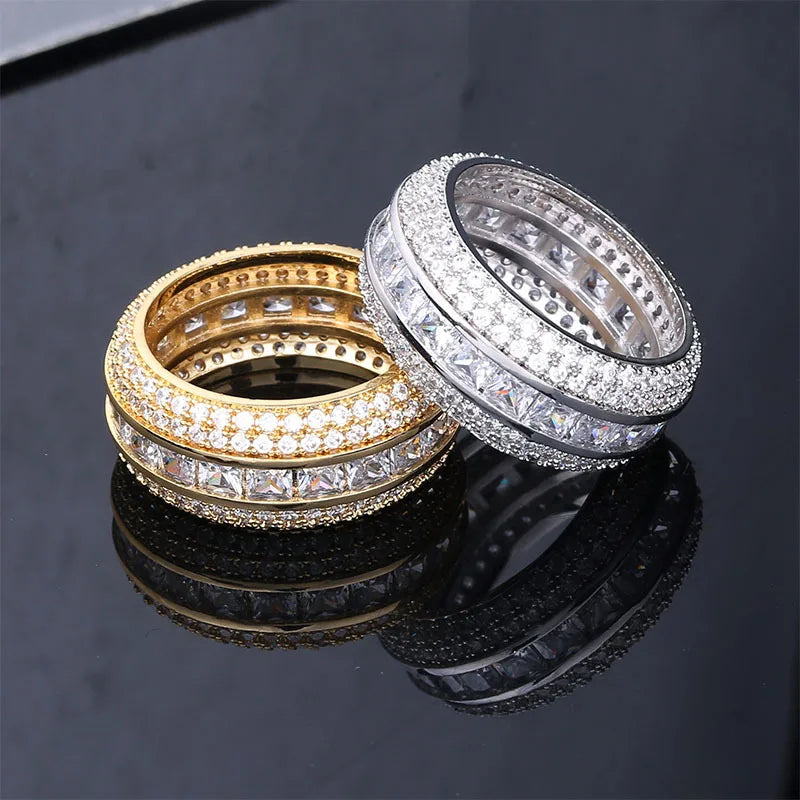 Whole Sale Iced Gold Plated 5 Rows AAA Cubic Zircon Stones Luxury Engagement Ring Women Charms Iced Out Ring