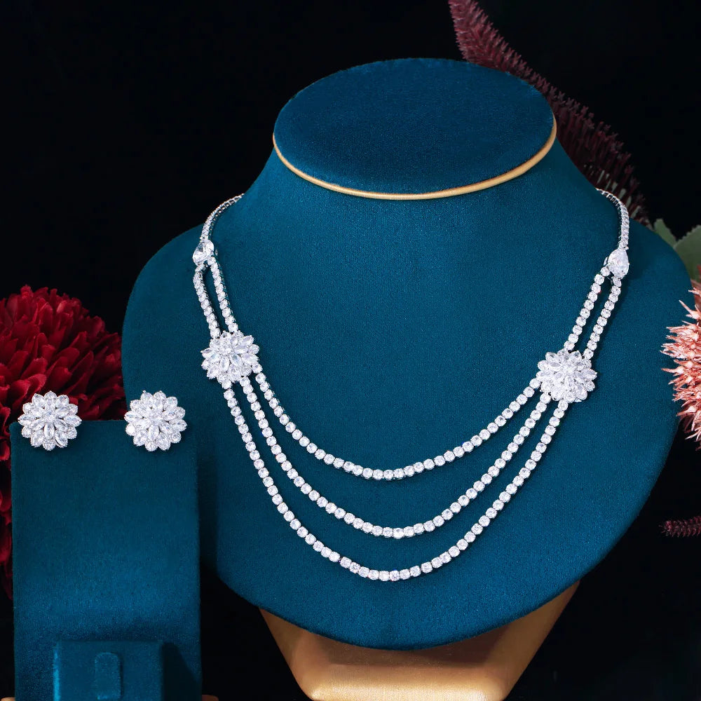 Snowflake Design Cubic Zircon Multilayer Necklace and Stud Earrings Set Women New Arrival Wedding Jewelry Set for Banquet Party