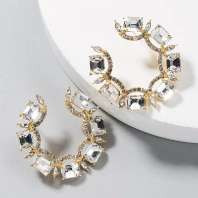HOVANCI 2020 Hotsale Colorful Crystal Rhinestone C Shape Statement Earrings Geometric Circle Crystal Stud Earrings