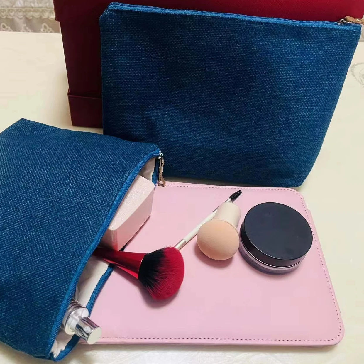 Stylish Linen Jute Zipper Closure Small Size Customizable Pattern Travel Cosmetic Bag