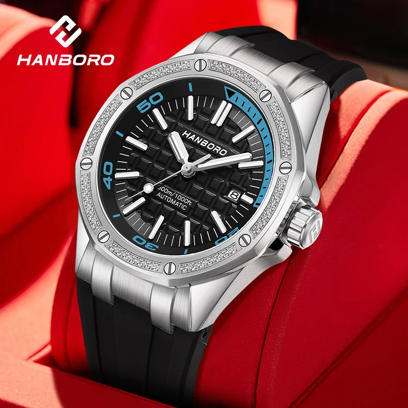 HANBORO Men's Light Luxury Automatic Mechanical Watch Stainless Steel Case Waterproof Luminous Pointer Glass Window Silicone