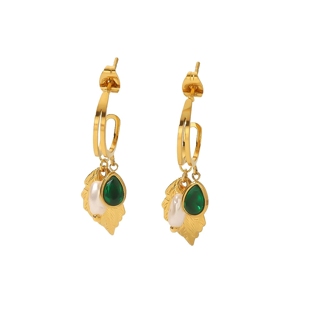 Luxury Stainless Steel 18K Gold Green Emerald Shell Pearls Leaf Charms Pendant Earrings for Women for Wedding