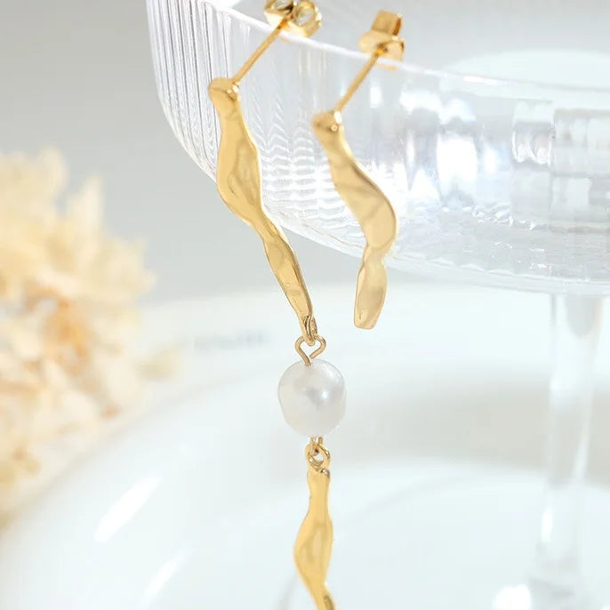 Fashion Asymmetric Freshwater Pearl Earrings Waterproof 18k Gold Plated Stainless Steel Drop Earrings Boucles Doreilles
