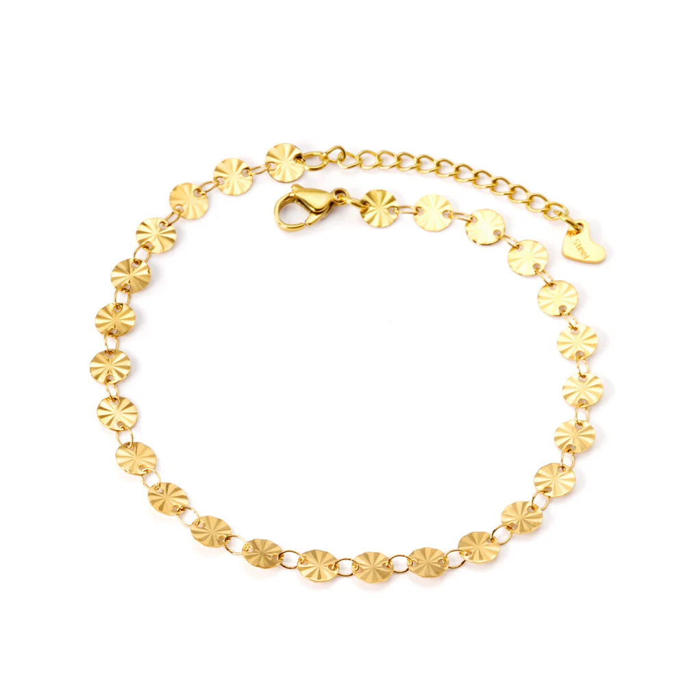 New Trendy Women Fashion Shiny Polished Stainless Steel Gold Plated Round Anklet for Party
