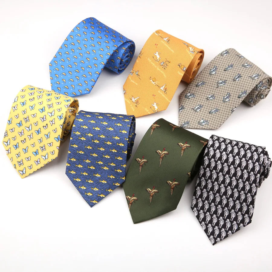 Wholesale Red Blue Dark Green Small Animal Ties Printed Silk Width 8CM Neck Ties for Men