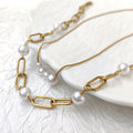 Wholesale 18k Gold Plated Stainless Steel Snake Paperclip Chain Freshwater Pearl Beads Pendant Necklace for Women MSPN-00018