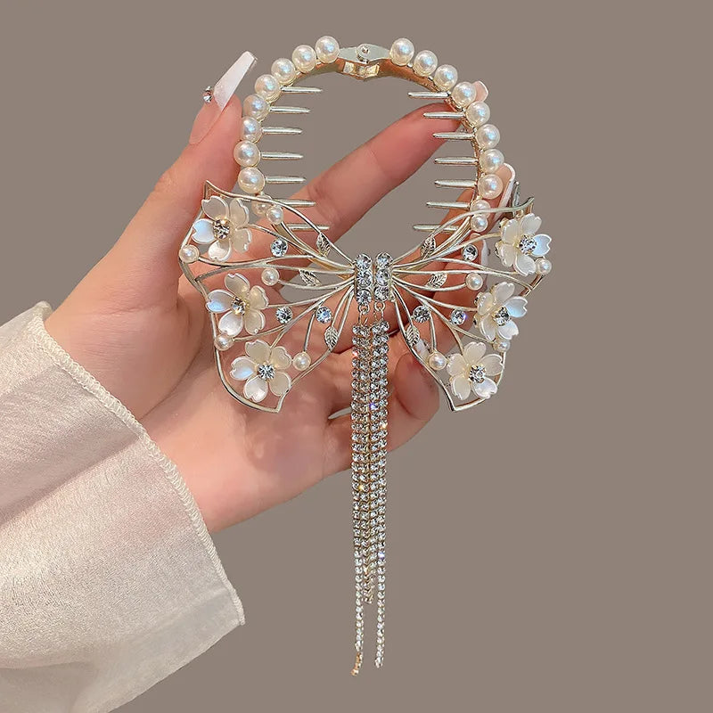 Ponytail Exquisite Rhinestone Bow Tassel Hairpin Buckle Women Gifts Crystal Barrette Accessories Flower Hair Clip Hairgrip