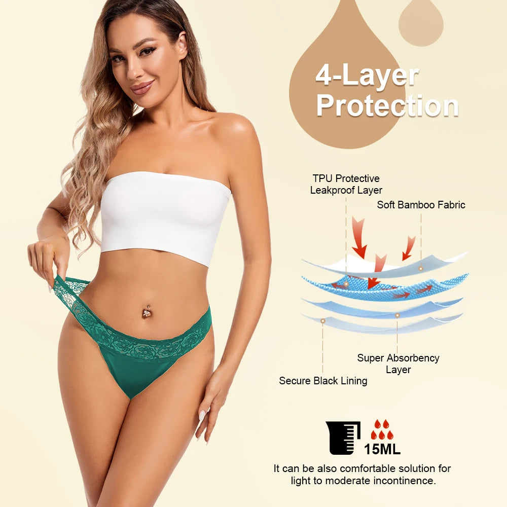 Shanhao Womens Cotton Low-Rise Solid Leakproof Thong Panties Light Flow for Lace Menstrual