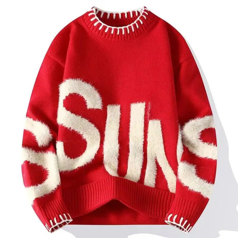 Men's Casual Thickened Warm Knit Crewneck Sweater Breathable Anti-Wrinkle with Loose Letters Print for Winter