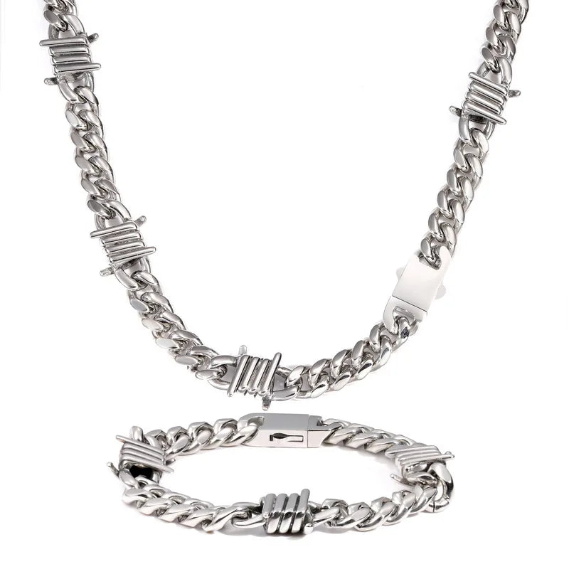 Europe and America Hip Hop Barbed Wire Cuban Chain Bracelet Stainless Steel Thorns Cuban Link Chain Necklaces