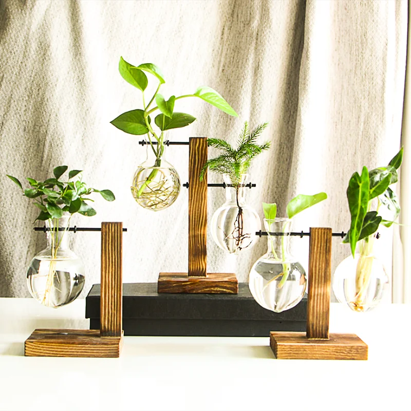 Hot Sale Crystal Glass Flower Vase Wooden Frame Art Deco Design for Home Decor Weddings Hydroponics Table Water Plant Display MegaBDM