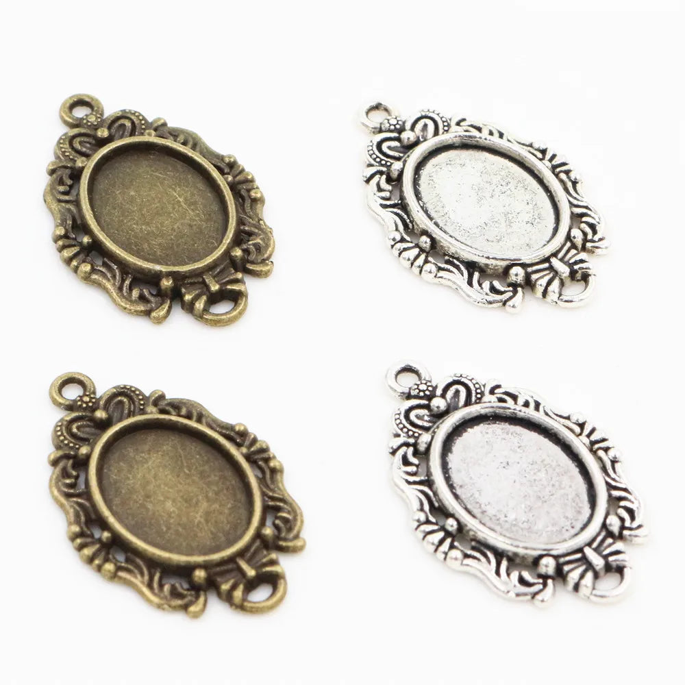 10x14mm Oval Inner Size Antique Silver Plated Bronze Classic Flower Style Cameo Cabochon Base Setting Pendant Necklace Findings