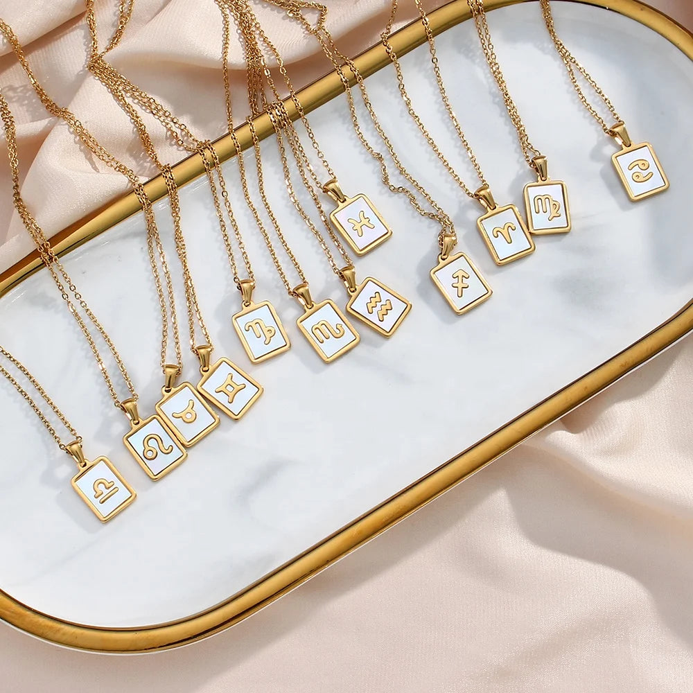 Dreamshow Square Shell Designer Necklace Gold Plated Stainless Steel Zodiac Sign Necklace Pendant Necklace for Women