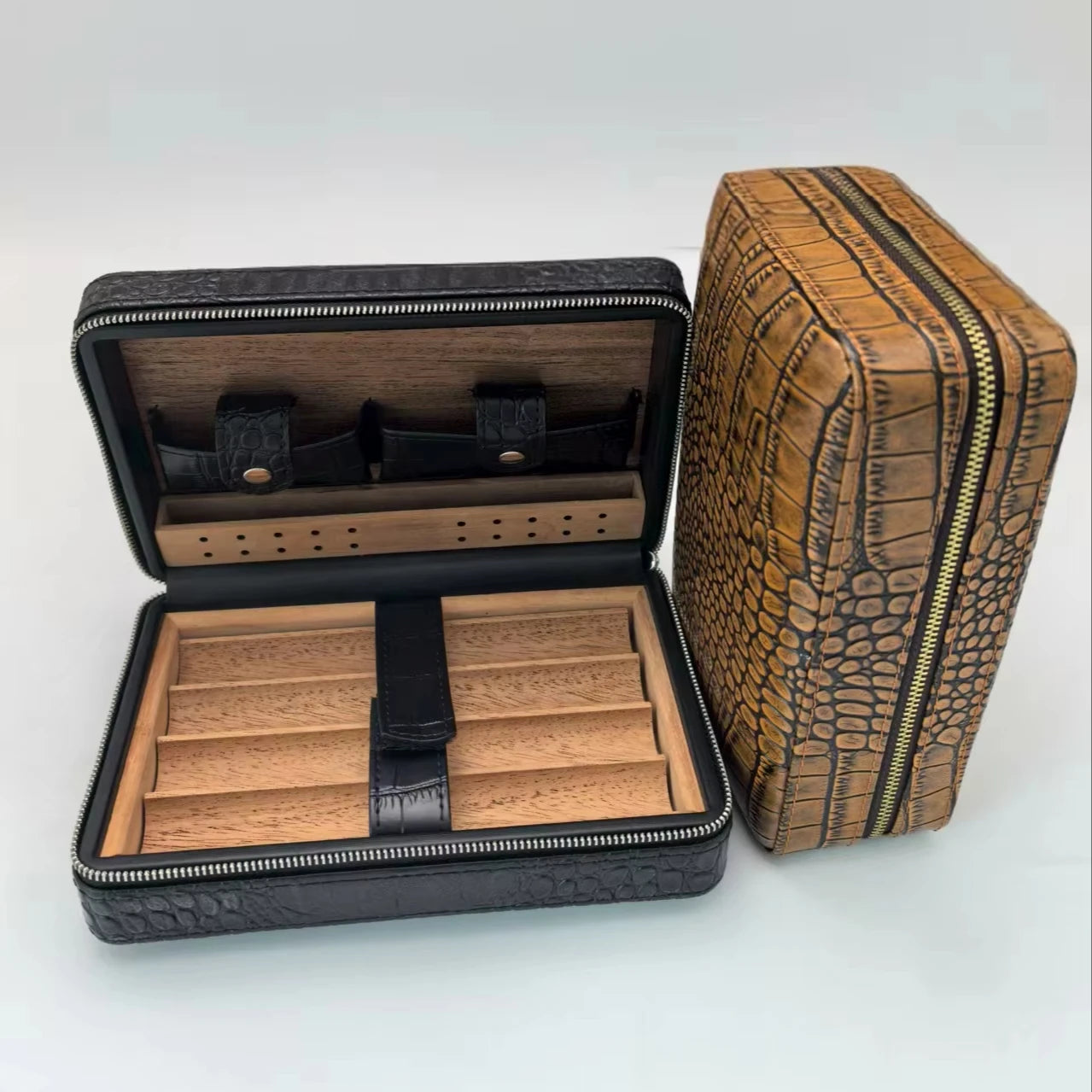 Wholesale Modern Small Portable Travel Solid Wood Cigar Bag Cedar Wooden Cigar Humidor Leather case