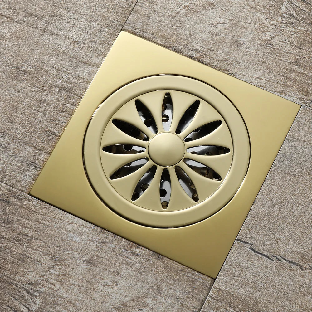 Industrial 4-Inch Square Modern Electroplated Brass Floor Drain with Tile Insert Anti-Corrosion Easy Installation for Bathroom MegaBDM