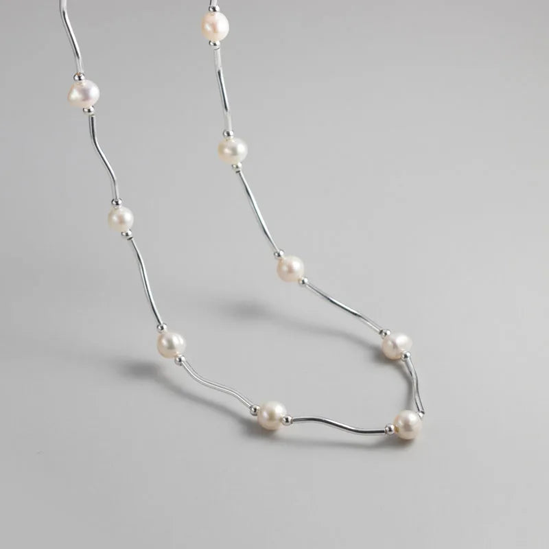 Handmade Freshwater Pearls Beaded Curved Tube Short Necklace for Women 925 Sterling Silver Jewelry