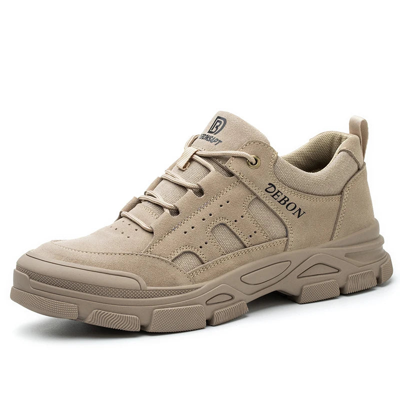 Unisex Khaki Middle Cut Steel Toe Work Boots Genuine Leather Upper Mesh Lining Anti-Puncture Midsole Durable Outsole for