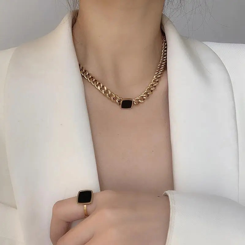 SC Popular Vintage Gold Statement Necklace Bracelet Rings Stainless Steel Choker Necklace Trendy Thick Chain Necklace for Women