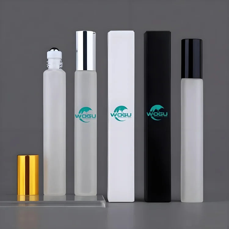 WOGU 10ml Long Tall Essential Oil Roll on Bottle 10ml Gold Silver Black Aluminum Lid Portable Roller Perfume Glass Bottles