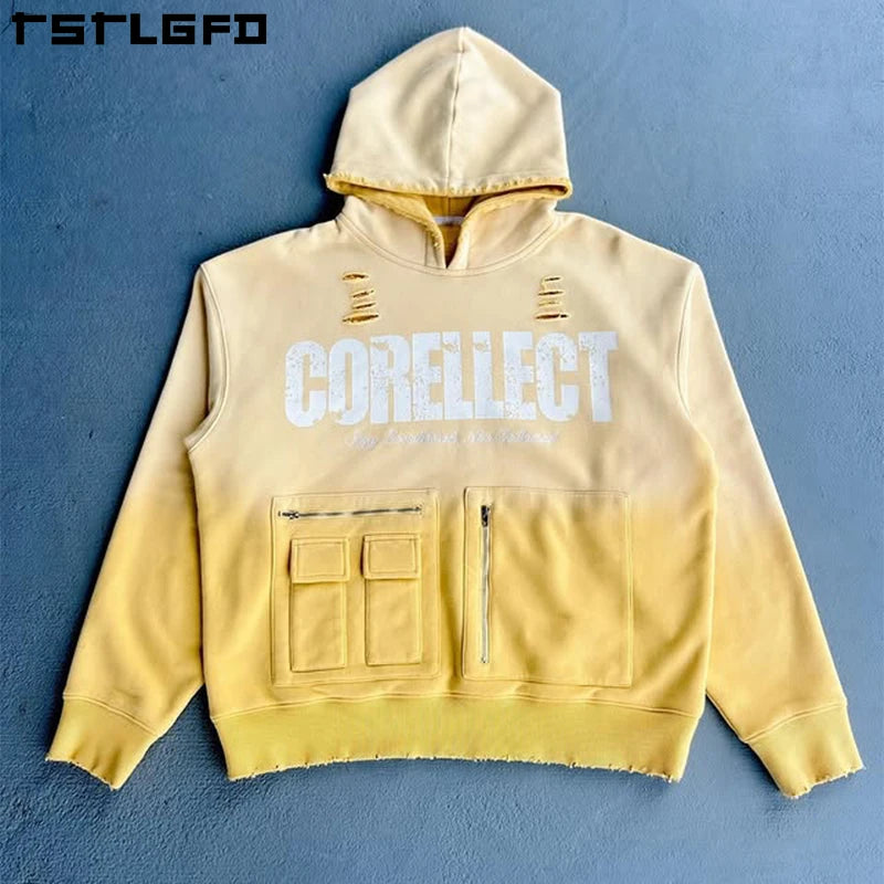 Custom Streetwear Distressed Oversized Heavyweight 500gsm 100% Cotton Acid Wash Sun Faded Zip up Hoodie Men With Zipper Pockets