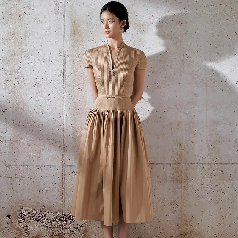 Boutique Wholesale 2026 Spring New Solid Color Temperament Mid Length Pleated Skirt Annual Meeting Dress Women's Dress