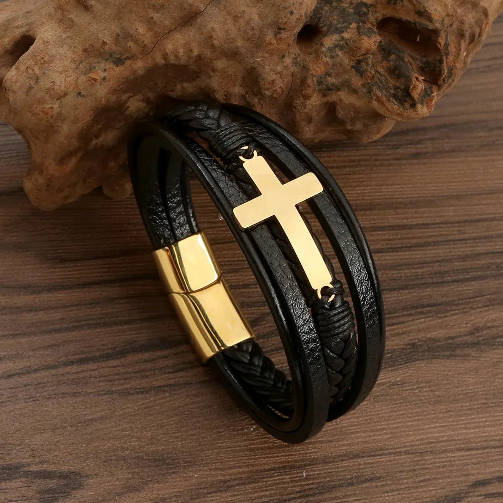 Pulsera De Piel Stainless Steel Magnetic Clasp Leather Bracelet Gold Silver Plated Cross Charm Leather Bracelet for Men
