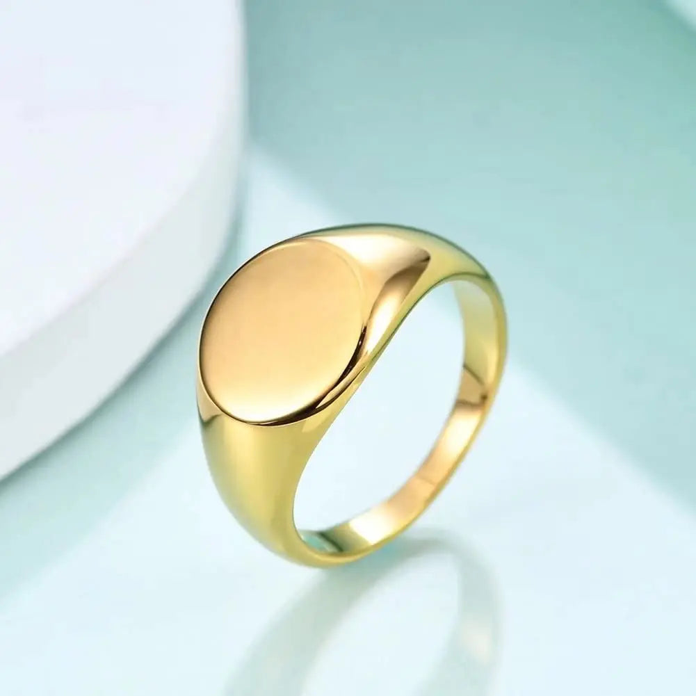 Fashion18K Gold Plated Stainless Steel Classical Simple Plain Round Signet Ring Wedding Statement Promise Anniversary Ring