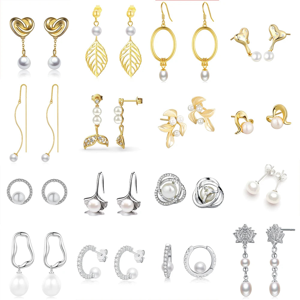 925 Sterling Silver 14K Gold Plated White Cultured Freshwater Pearl Dangle Stud Earrings Jewelry for Women Girls