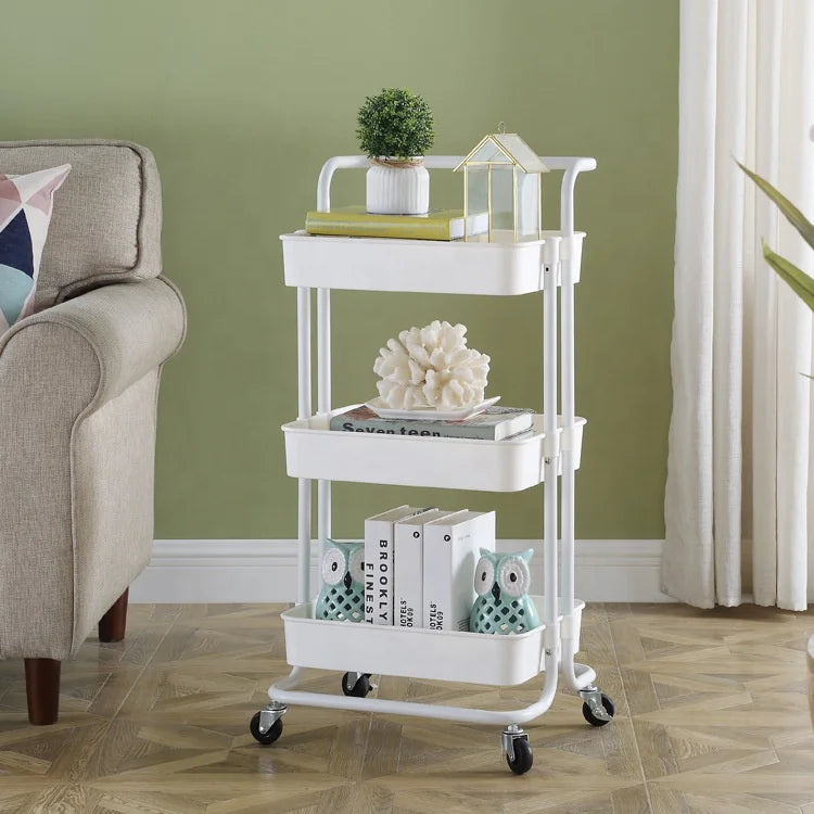 Portable 3-tier Metal Rolling Storage Cart Multipurpose Foldable Metal Rack Folding Trolley Wheels Storage Organization Utility