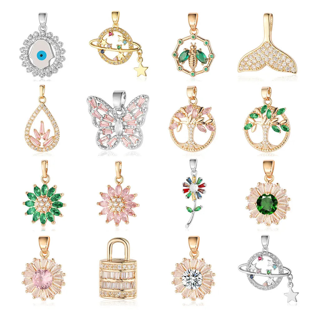 Beimai OEM Charms for Jewelry Making Water Drop Lotus Sunflower Tree of Life Copper Zircon DIY Necklace Accessories