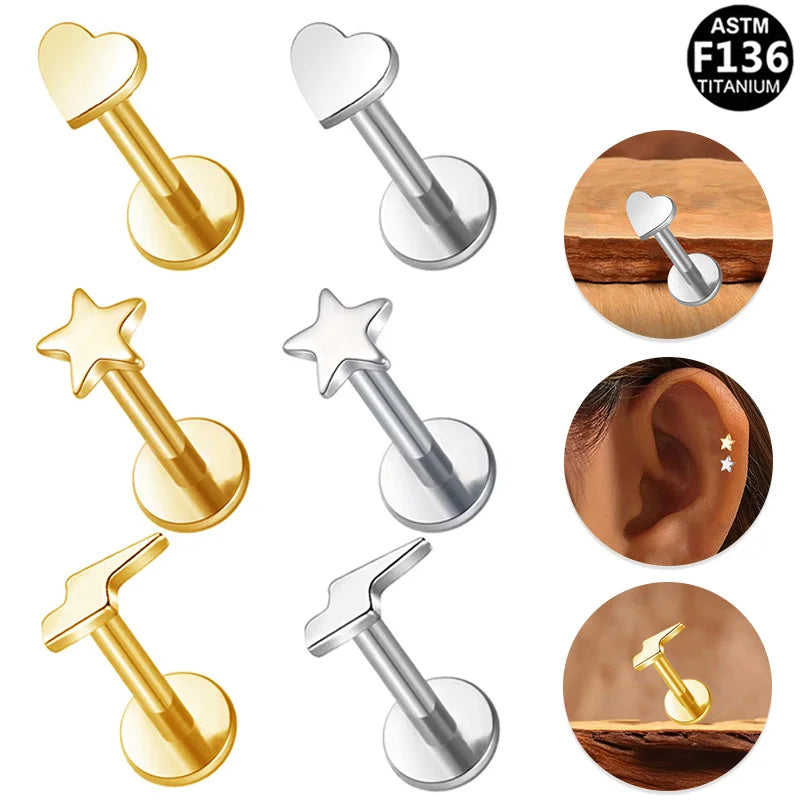 Gaby 16G G23 ASTM F136 Titanium Heart Moon Star Shape Labret Ring  Lip Ring   Piercing Titanium Body Jewelry