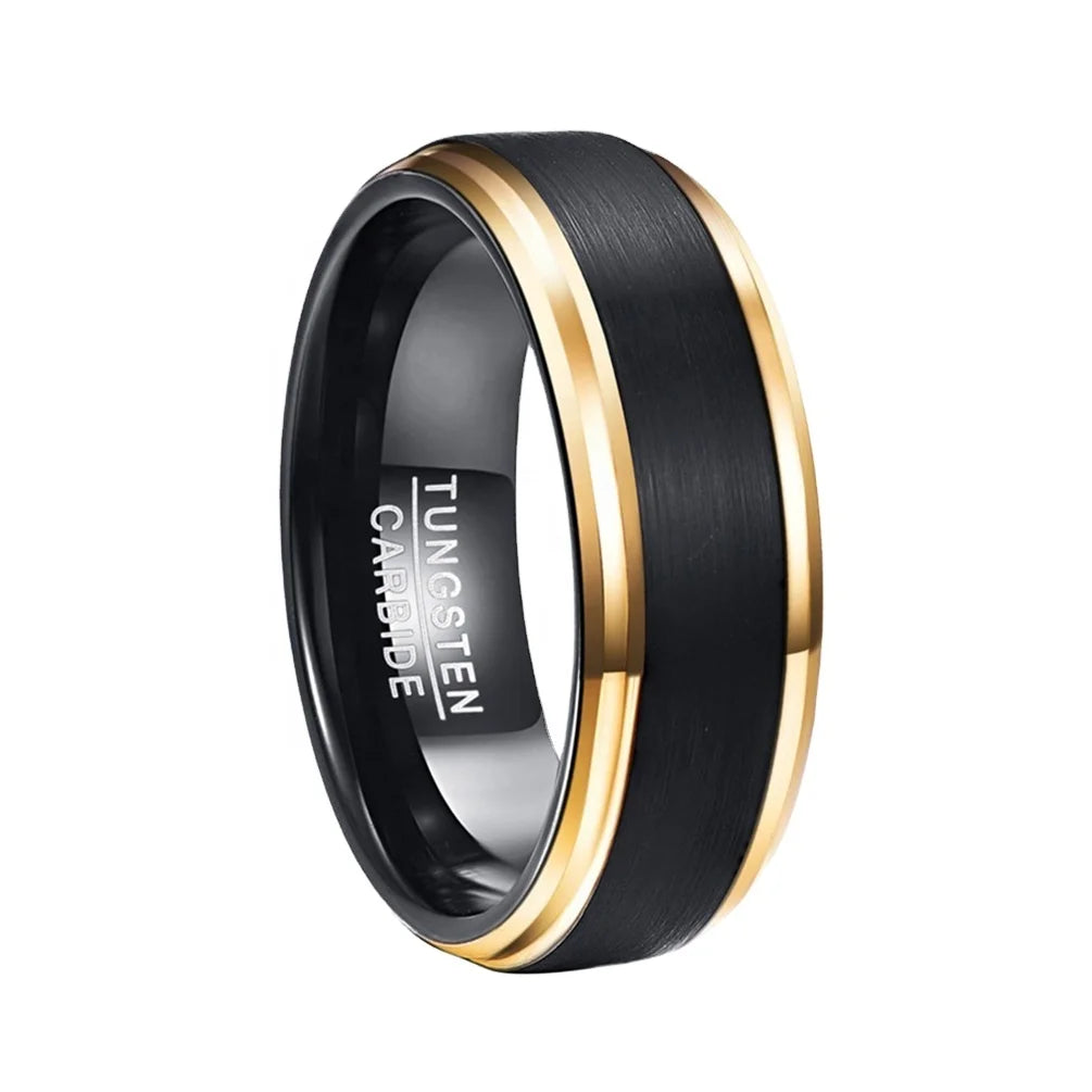 Comfort Fit Mens Black Brushed Tungsten Carbide Ring With Gold Plated Stepped Edge