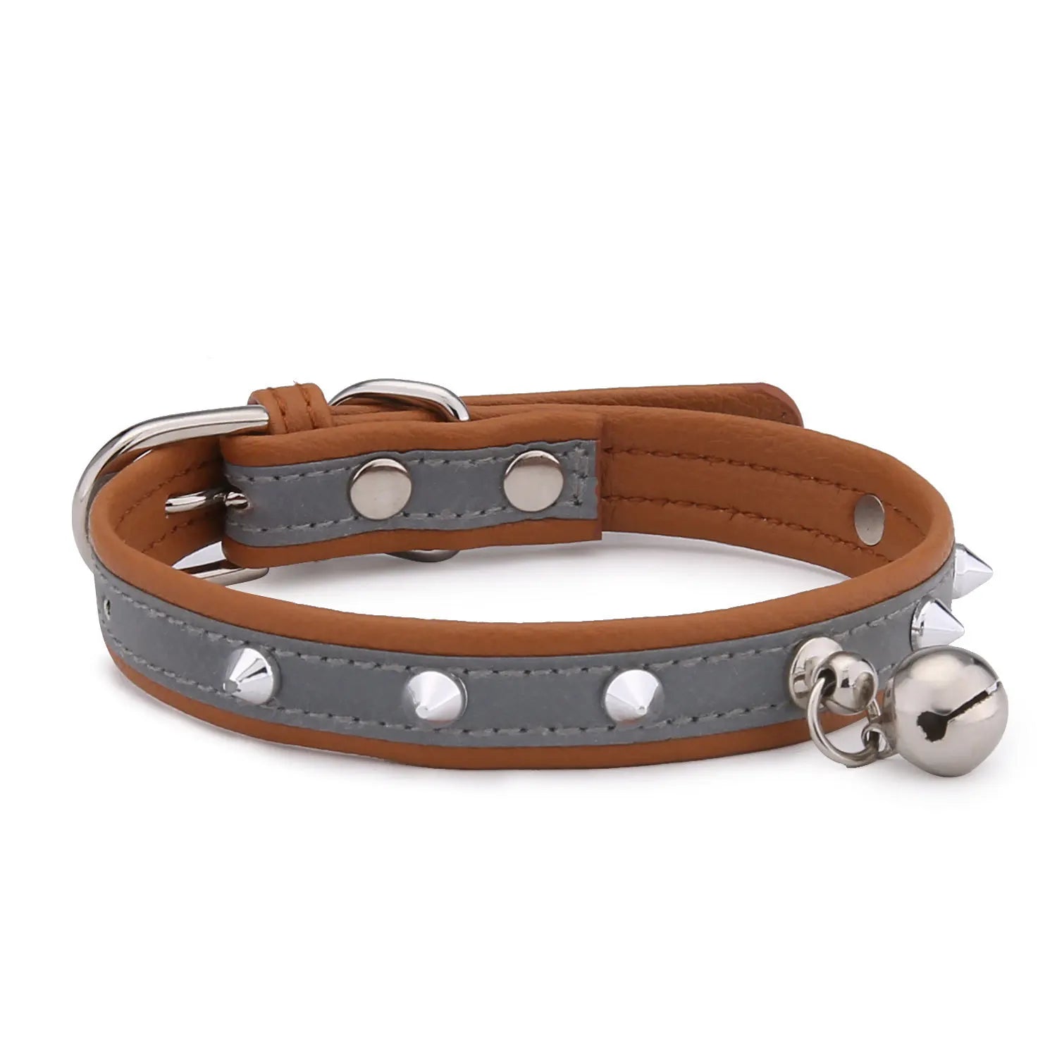 PU Leather Reflective Solid Cat Collar with Punk Rivet Pendant Bell Metal Buckle