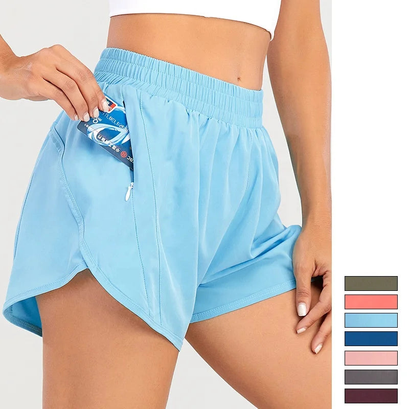 Wholesale Quick Dry Sports Running Split Shorts With Zipper Pockets Women Double Layer Active Athletic Gym Workout Shorts