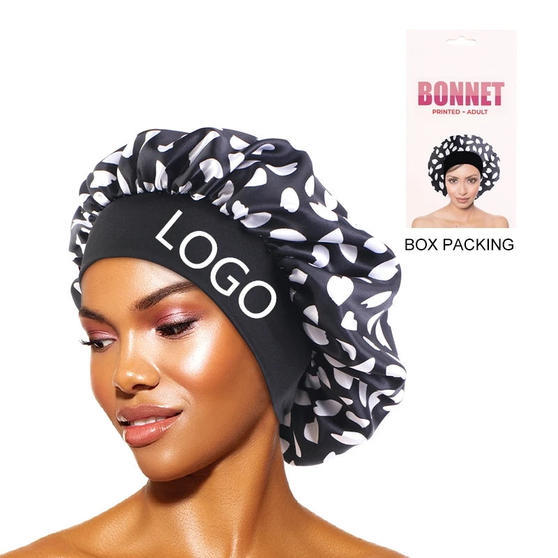 Paper Box Packing Wide Band Satin Bonnets and Hair Wraps Floral Print Sleep Cap Regular Size Hair Bonnet for Women