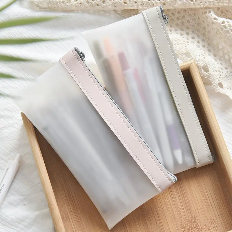 Stationery Organizer Pen  Pouches Cosmetics Case Simple Transparent Frosted Snooth TPU Leather Korean Fashion INS Pencil Bag
