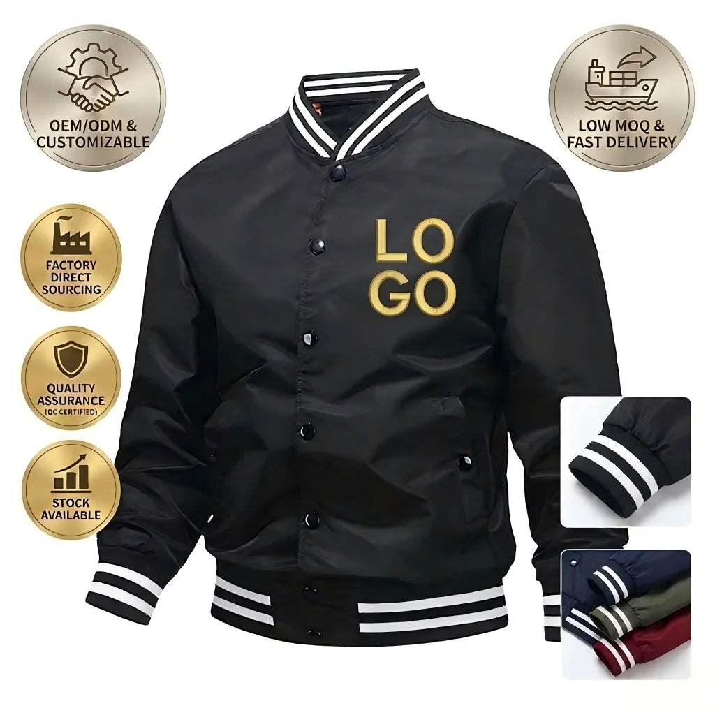 Custom Logo Varsity Jacket Men Solid Color Baseball Jacket Casual Streetwear Jacket With Pocket Spandex Polyester ODM OEM