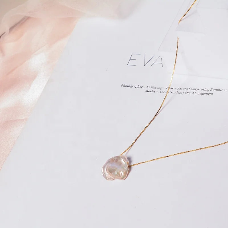 Gold Plated Baroque Freshwater Cultured Pearl Pendant Choker Simple Pearl Necklace Jewelry Set for Women with Floral Pattern