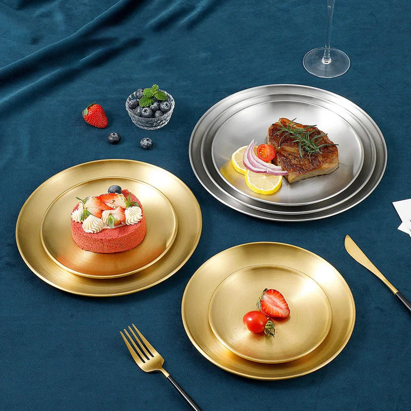 Hot Sale Korean Barbecue Disc Stainless Steel Dinner Plate Retro Golden Dish Flat Shallow Tray Round Food Dinner Plate