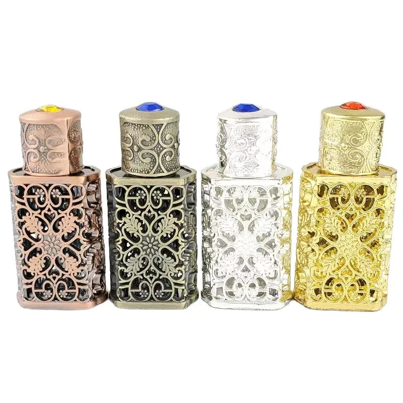 Factory Hot Sales Arab Style 3ml Antiqued Metal Luxury Decoration Gift Essential Oil Glass Bottle Wholesale