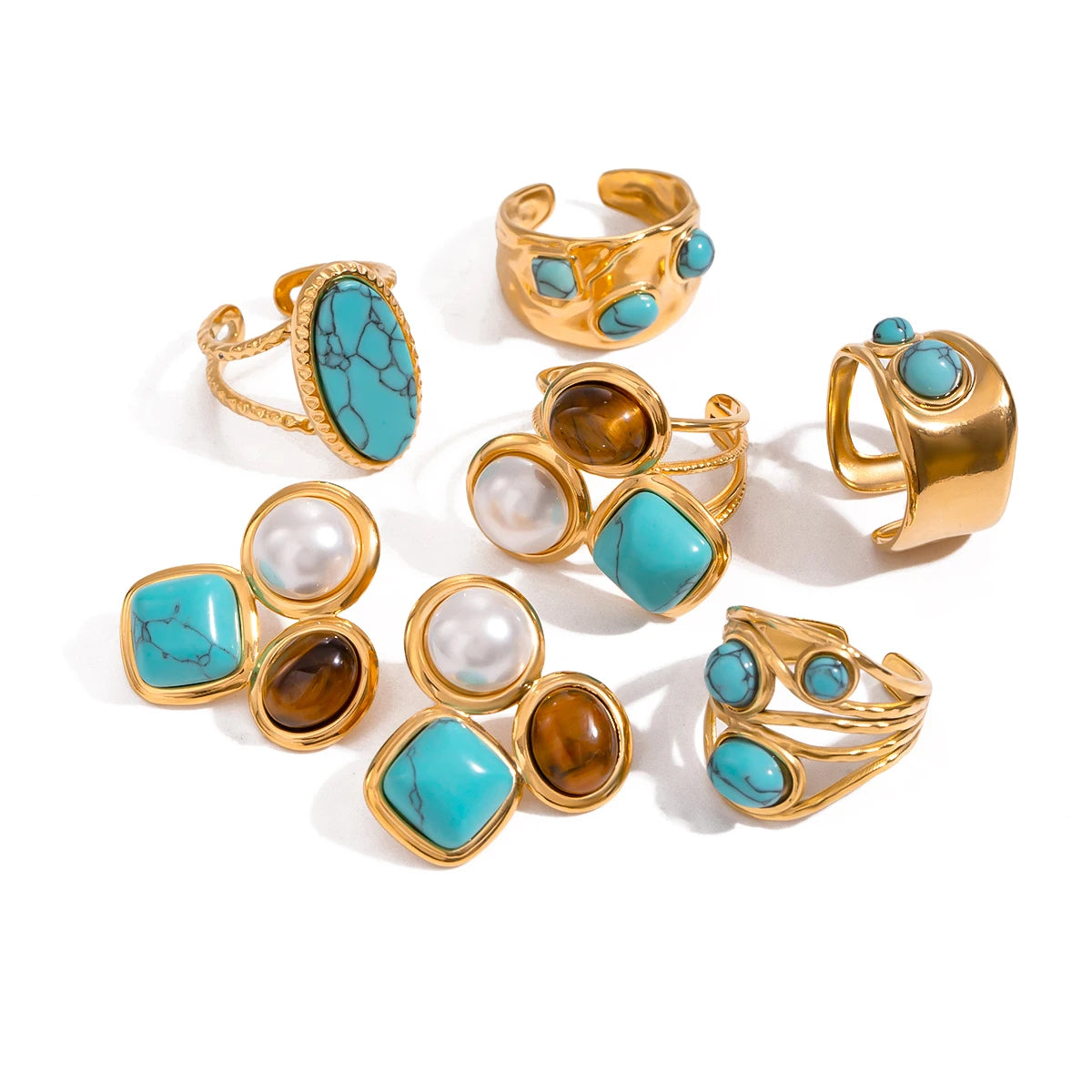 J&D Vintage Delicate Stainless Steel Rings Women 18K Gold Natural Big Blue Turquoise Stone Rings Set